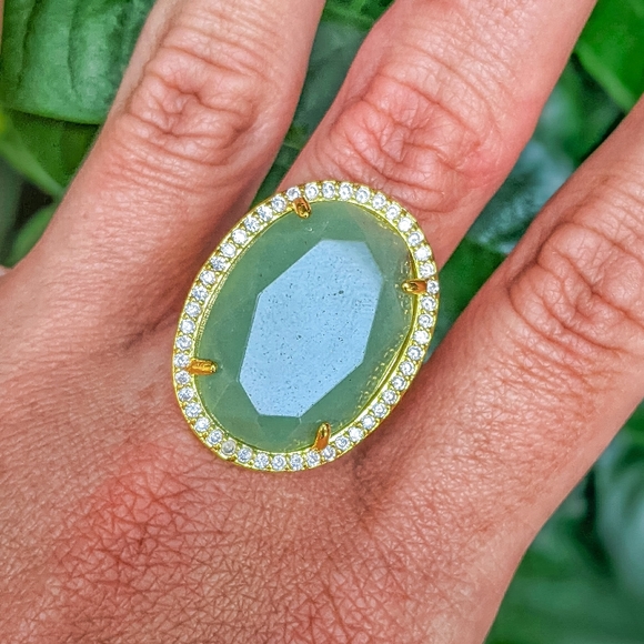 14k Gold Aventurine Gemstone Adjustable Statement Ring Plated in 14k Gold - Picture 4 of 4